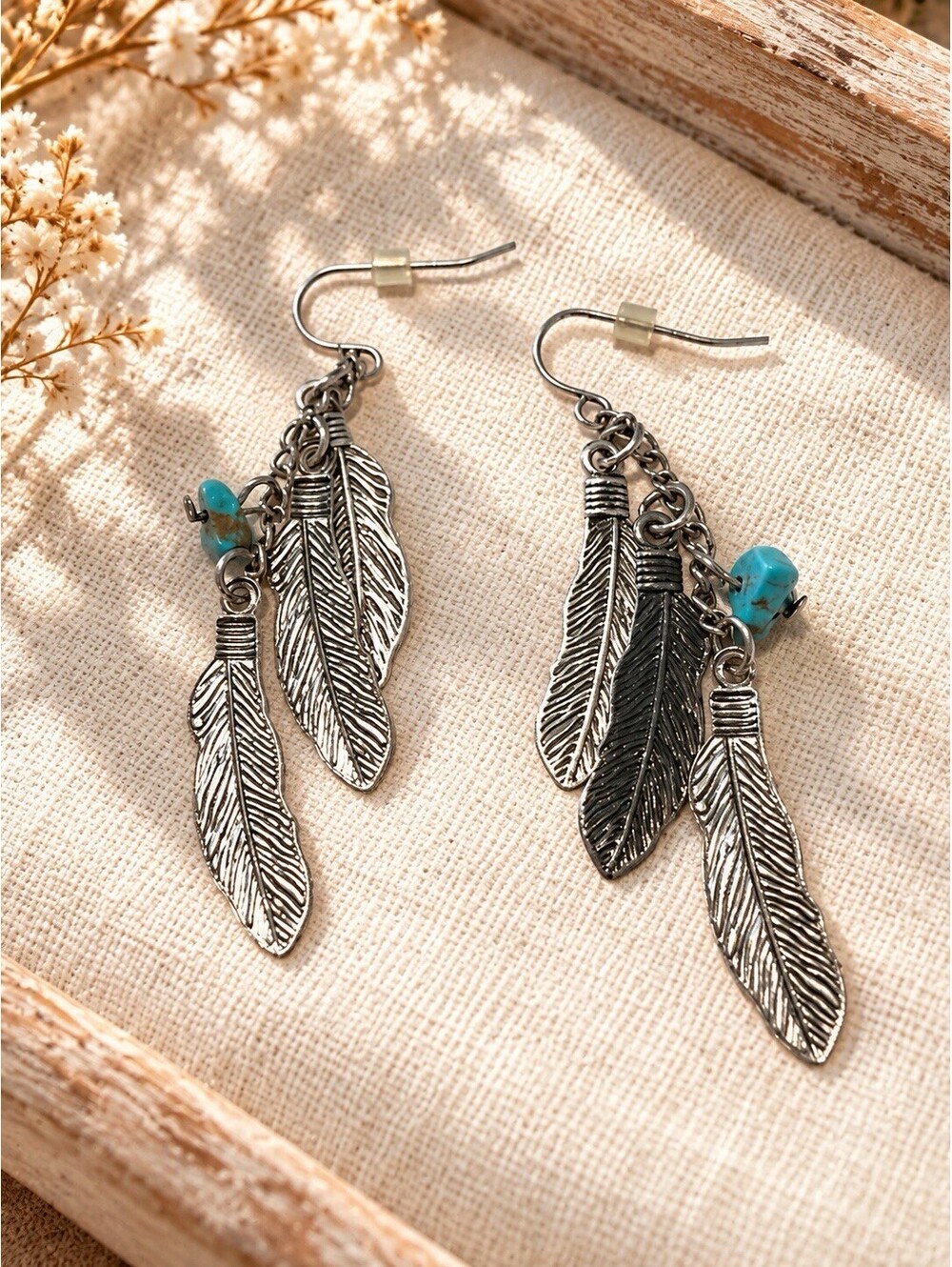 Boho Feather Dangle Earrings Silver Tone Turquoise Color Bea